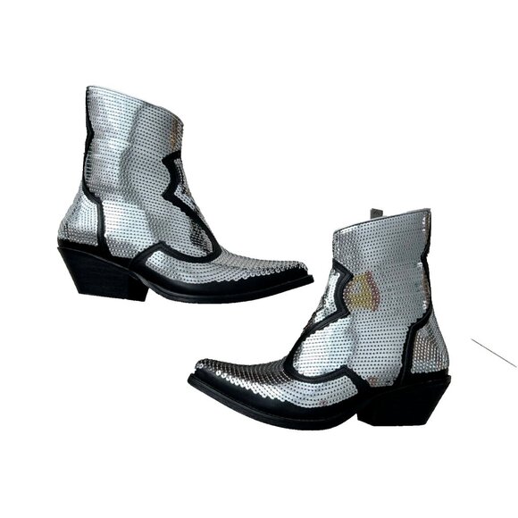 Emporio Armani Calfskin Leather Sequin Cowboy Booties Silver ( 35 ) - Picture 3 of 9
